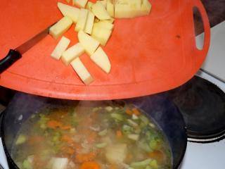 Jak udělat bramborovou polévku s houbami | recept Zalijeme litrem vody. Oloupeme čtyři syrové brambory a přidáme k zelenině. Připravíme si misku drobně krájených hub a dáme vařit k zelenině. Nebo do polévky přidáme dvě tři hrsti sušených hub. Někdo radí předem je namočit, ale není to třeba, varem dostatečně změknou. Máme-li sušené houby ve velkých kusech, můžeme je nejprve těžkým ostrým nožem pokrájet na menší kusy. Nebo přidáme dvě lžíce hub naložených v soli.